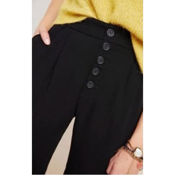 Anthropologie Sasha Pants 0 Black Button Fly Tapered Trousers Pleated High Rise - Picture 3 of 6